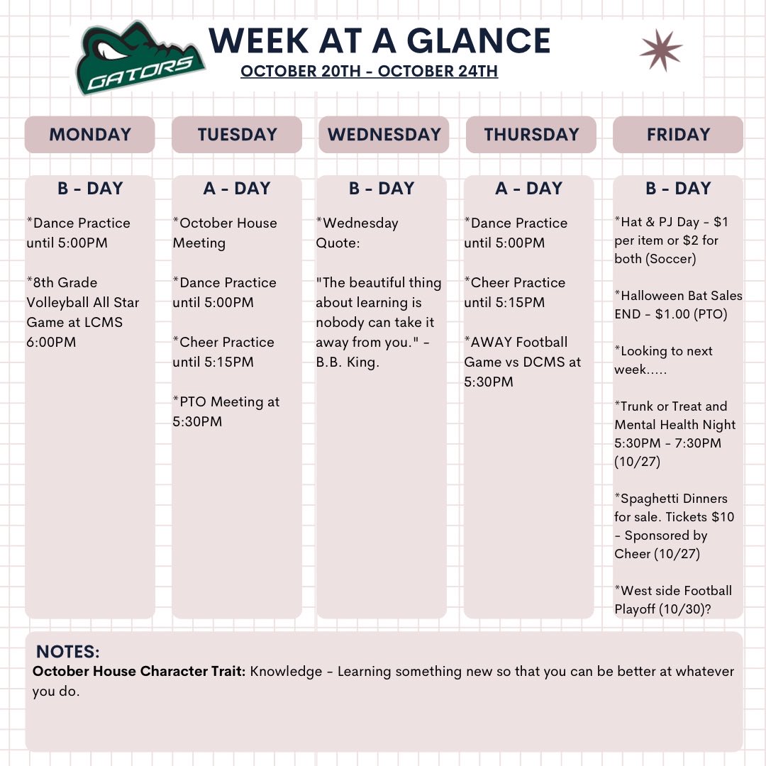 Happy Sunday!

Here’s what’s happening at LCMS this week! (October 20th - October 24th). 

#OneGatorNation #TheSwamp #LCMS #TeamDCS