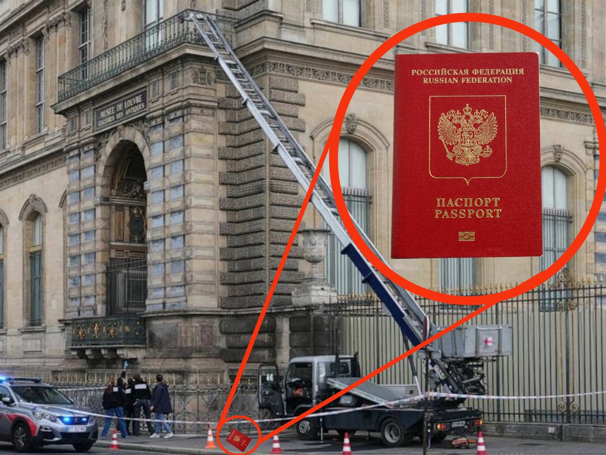 The image shows the exterior of the Louvre Museum in Paris, featuring ornate stone architecture with arched entrances and windows. A white truck with an extended silver ladder is positioned against the building, reaching towards a second-floor window. Police vehicles, officers in dark clothing, caution tape, and traffic cones are visible in the foreground, indicating an emergency response. Overlaid on the right side is a close-up of a red Russian passport, circled in red with an arrow pointing to it.