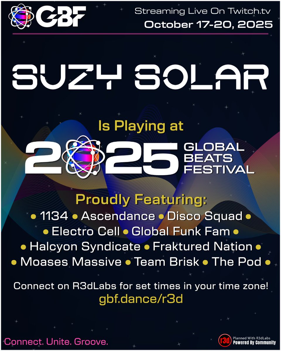 TONIGHT I'm playing live 8-10pm EDT at Global Beats Festival 2025 on Twitch! I'll be rocking a massive Trance set on twitch.tv/suzysolar , check it out and I'll see you in the chat! 
 
*Event page: facebook.com/events/8194238…

#GBF2025 #GlobalBeatsFestival