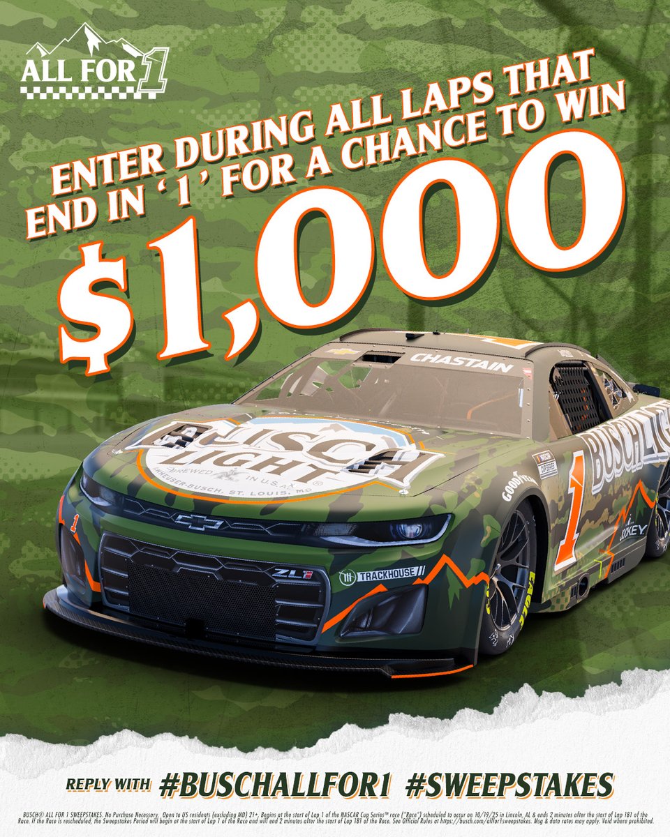 BuschBeer's tweet image. LAP 141: How &apos;bout a chance to WIN $1,000?​

REPLY NOW using #BuschAllFor1 #Sweepstakes to enter for a chance to win #YellaWood500 @TALLADEGA