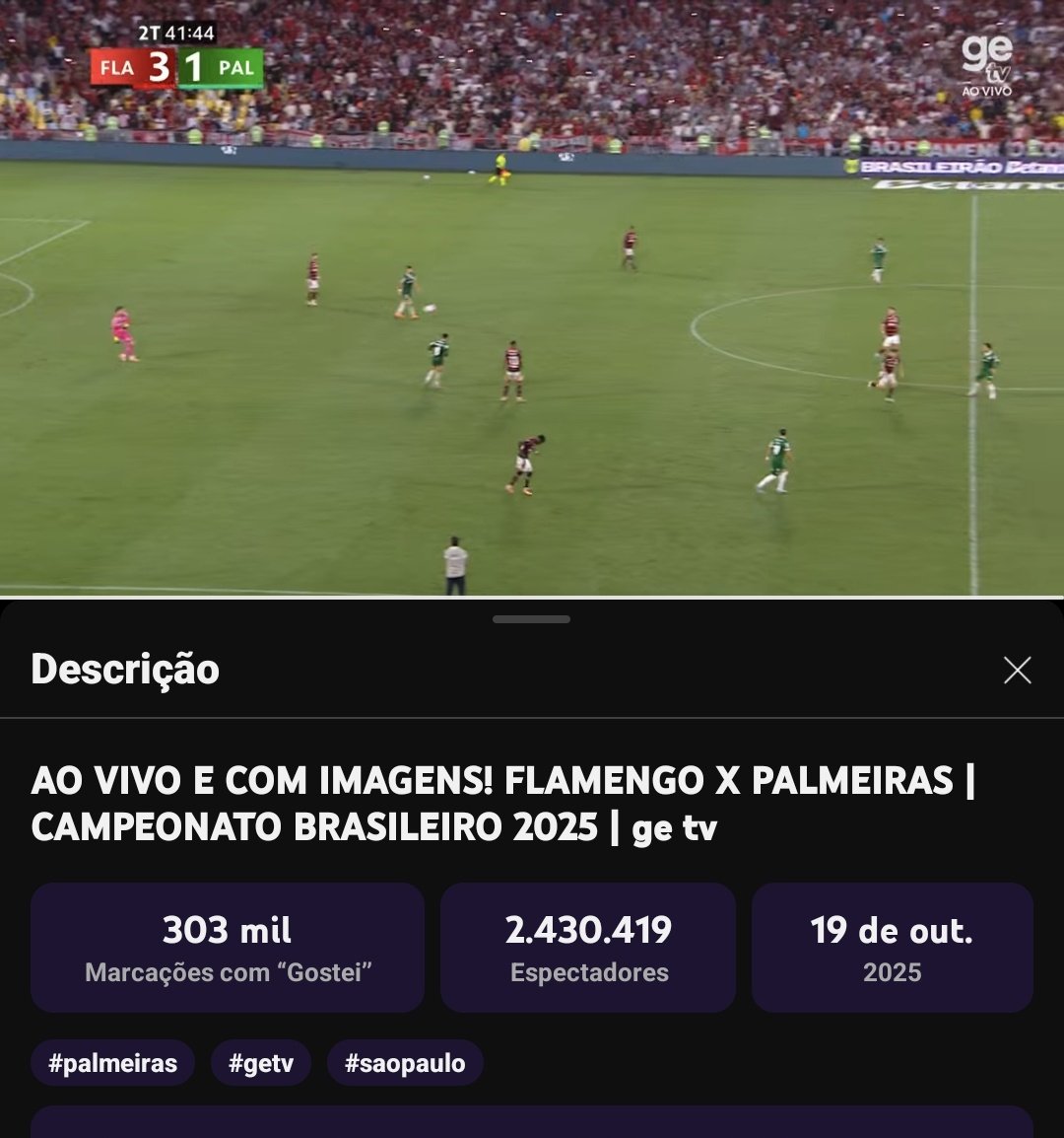 SiteAudienciaTV's tweet image. Flamengo x Palmeiras: 2.430.419 simultâneos Na #getv com 303 mil curtidas no stream