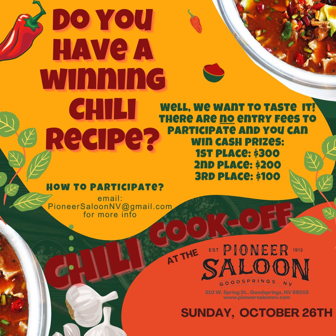 PioneerSaloon13's tweet photo. 2 chances to COOK your way to CASH! Sunday, Oct 26: Chili Cook-off at Pioneer Saloon (email: PioneerSaloonNV@gmail.com to enter) and Sunday, Nov 16th: Culinary Gauntlet at Sandy Valley Ranch (learn more: https://t.co/kw40HkN51n).
- - - - -
#cooking #challenge #chili #cookoff #mojavemayhem #fallout #falloutnewvegas #fallloutfancelebration #chilicookoff #falloutseries #culinarygauntlet #vicvegas #barrescue