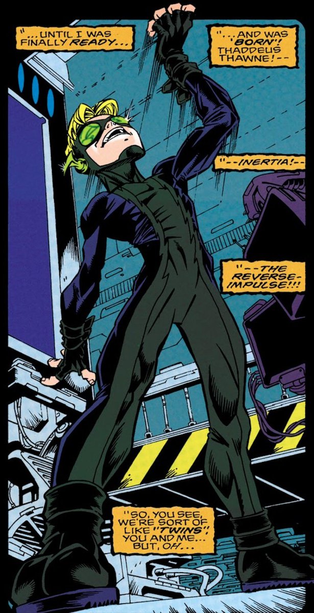 Impulse #50—52 (1999) —- por Todd Dezago e Ethan Van Sciver.

#50 —- Primeira aparição de Thaddeus Thawne II, o Inércia.

#52 —- ele finalmente se releva como clone de Bart e tenta captura-lo, mas falha .ᐟ.ᐟ

Oh, dó.