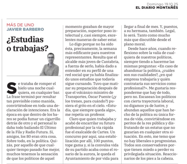 ✍️ “Más de Uno”, este domingo en <a href="/dmontanes/">eldiariomontanes.es</a> 
🤔 ¿O de cuando muchos de los políticos se vuelven conservadores porque “tienen algo que conservar”? Pasen y lean…