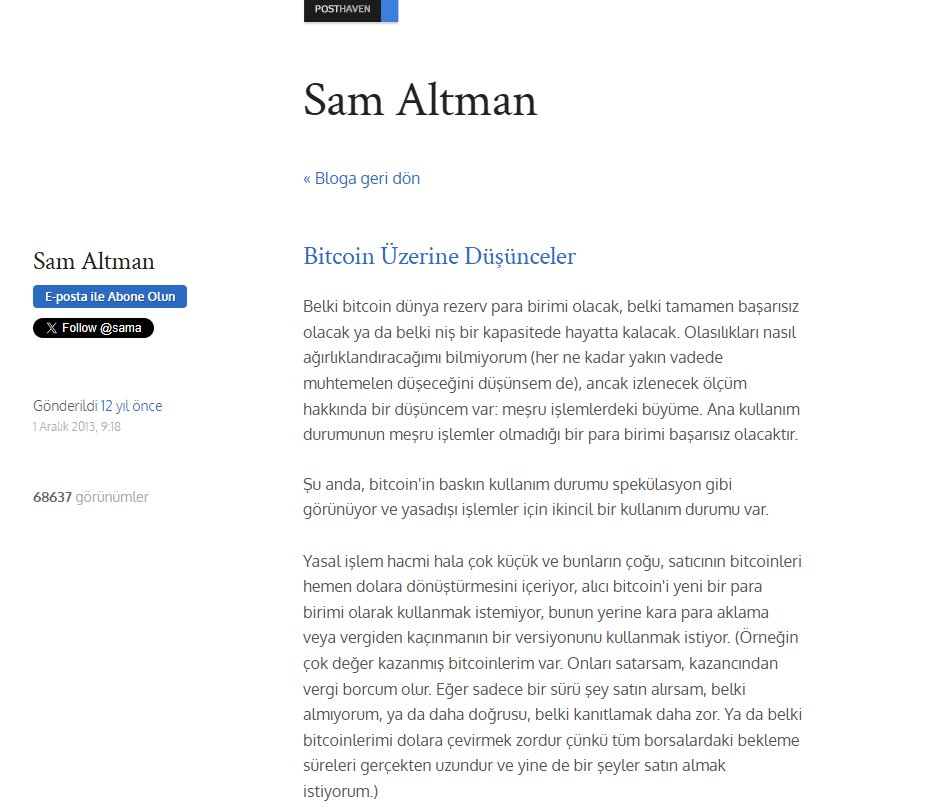 OpenAI kurucusu Sam Altman'ın yıllar önce Bitcoin ile ilgili attığı onlarca tweet ve bir blog yazısından bazılarını derledim.

Sadece belkide onlarca kişiye hitap eden bu notlara tekrar bakınca, ulaştığımız konum çok başka..