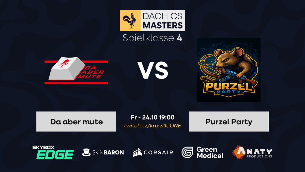 PurzelParty Esports (@purzelparty) on Twitter photo 🏆SPIELTAG 7🏆
📅Am Freitag, 2410.2025 um 19:00 Uhr heißt es: PURZEL PARTY vs. Da aber mute
Spielklasse 4 - DACHCS Masters
🔴Live bei twitch.tv/knxvilleONE
🎙️<a href="/knxvilleOne/">knxvilleONE</a>
#DACHCS #DACHCSMasters #CS2 #PurzelParty 🏆SPIELTAG 7🏆
📅Am Freitag, 2410.2025 um 19:00 Uhr heißt es: PURZEL PARTY vs. Da aber mute
Spielklasse 4 - DACHCS Masters
🔴Live bei twitch.tv/knxvilleONE
🎙️<a href="/knxvilleOne/">knxvilleONE</a>
#DACHCS #DACHCSMasters #CS2 #PurzelParty