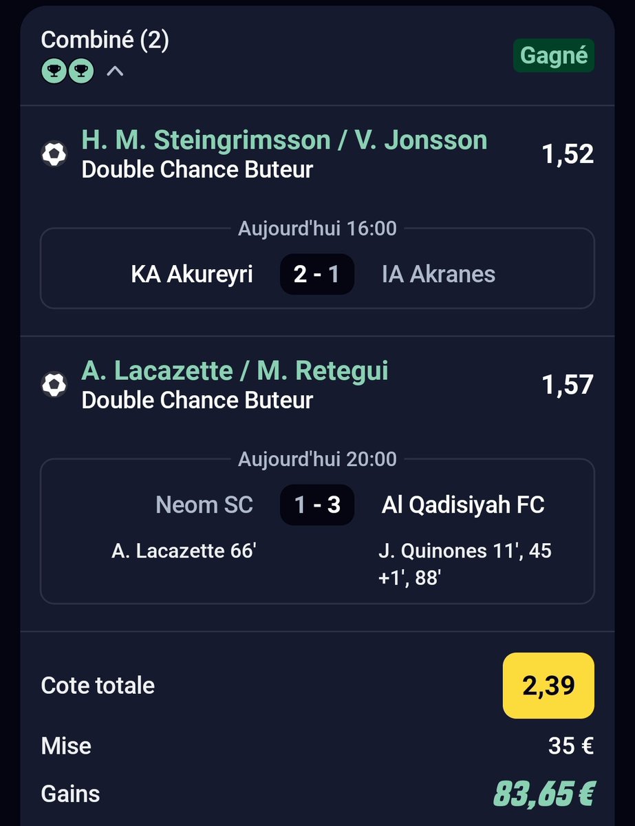 BetClem_'s tweet image. ON ENCAISSE EN BETS FOOTBALL ⚽✅✅🤑

COMBINÉ DU JOUR ☘️✅ 
@1.76✅
50€ ➡️ 88.45€✅

COMBINÉ BUTEUR DC 🎯 ✅
@2.39✅
35€ ➡️ 83.65€✅

🇫🇷 K. Mbappé @2.95✅
13.65€ ➡️ 40.27€✅

💚 Si tu soutiens 
#TeamParieur
