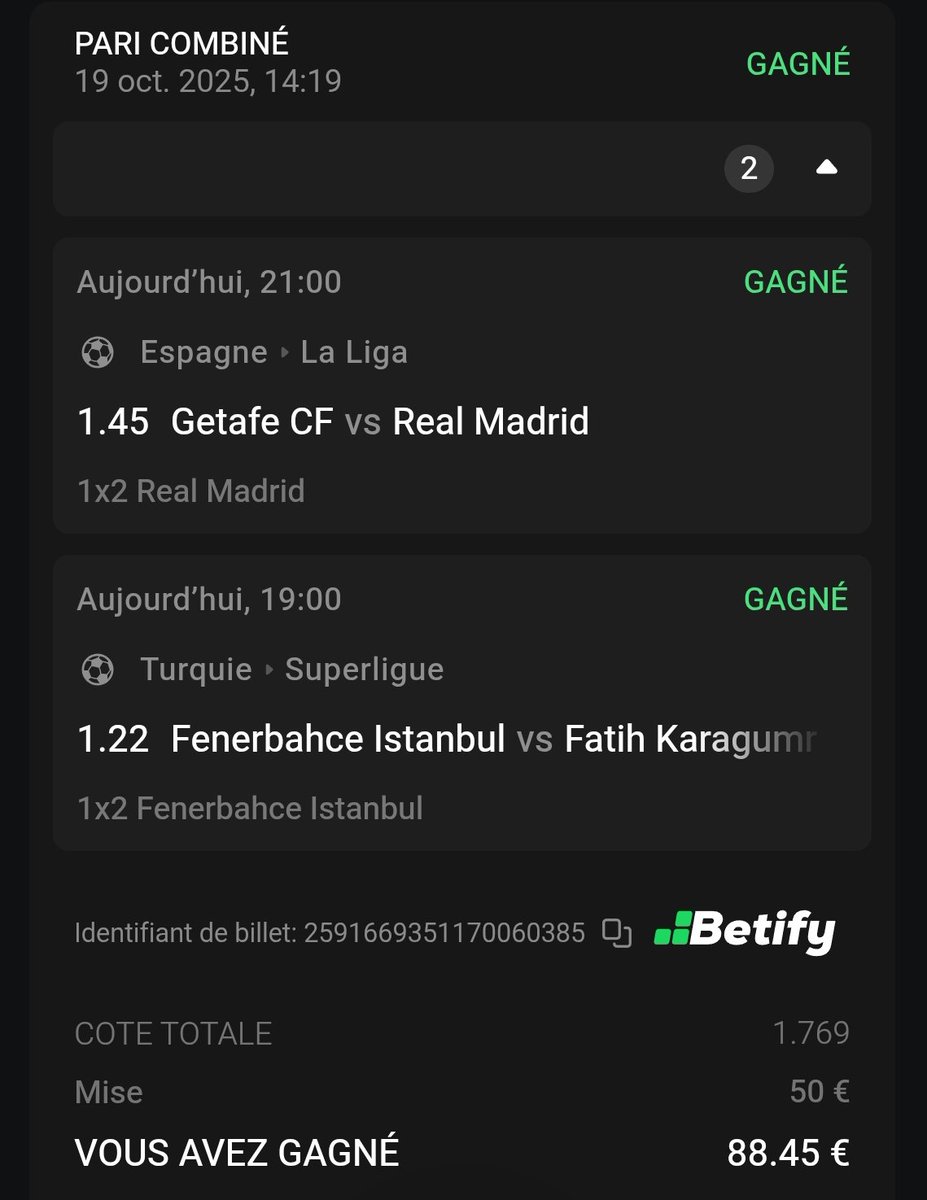 BetClem_'s tweet image. ON ENCAISSE EN BETS FOOTBALL ⚽✅✅🤑

COMBINÉ DU JOUR ☘️✅ 
@1.76✅
50€ ➡️ 88.45€✅

COMBINÉ BUTEUR DC 🎯 ✅
@2.39✅
35€ ➡️ 83.65€✅

🇫🇷 K. Mbappé @2.95✅
13.65€ ➡️ 40.27€✅

💚 Si tu soutiens 
#TeamParieur