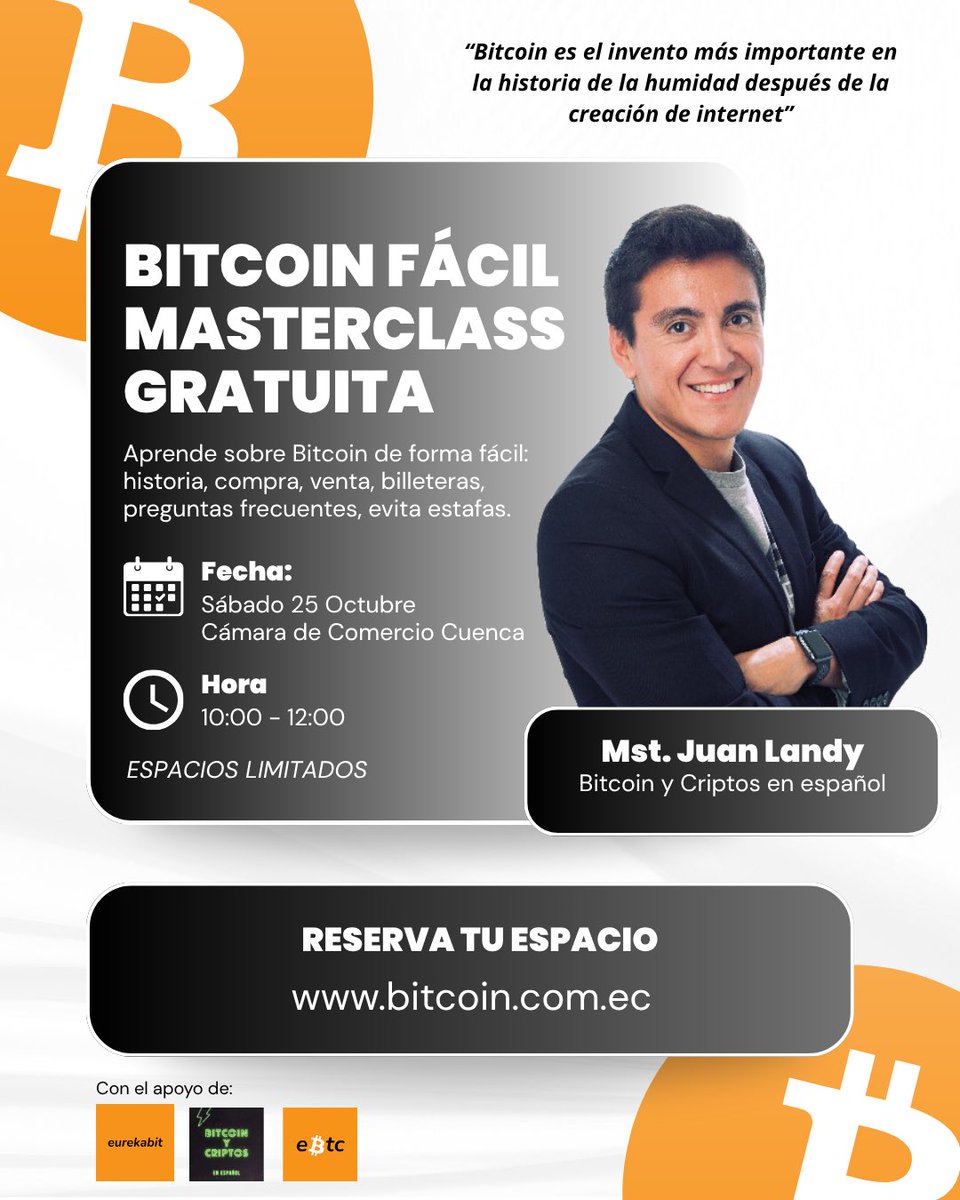 Faltan 6 días para el Master Class “Bitcoin Fácil” impartido por <a href="/jlandyr/">JSL</a> en <a href="/cccuenca/">Cámara de Comercio de Cuenca</a> el próximo 25 de Octubre.
CUPOS LIMITADOS.
Mas información: bitcoin.com.ec/2025/10/15/%f0…