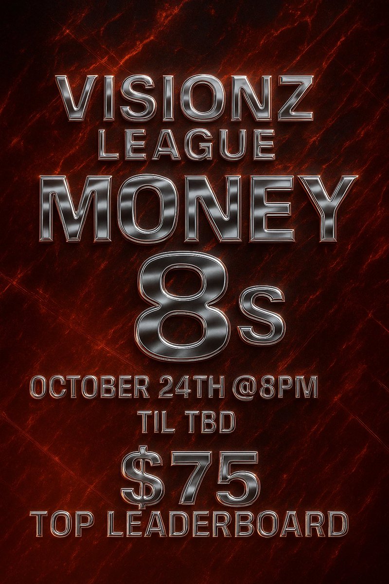 🎯 VisionZ League | Money 8s 🎯
🔥 This Friday — October 24th @ 8PM EST 🔥

💰 $75 Prize to the #1 Player on the leaderboard!
⚔️ Open 8s Format | Play ‘til TBD
🏆 Compete. Climb. Cash Out.

Tag your squad &amp; get ready to show out 💪
#VisionZLeague #COD

discord.gg/2v5cwVwCxR