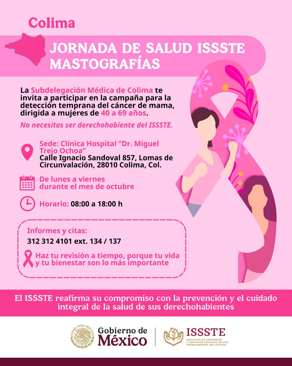 ISSSTE_mx's tweet image. 🎀 ¡Jornada de #mastografías! 🩷
🙋🏻♀️ Mujeres de 40 a 69 años, ¡este es su momento para cuidarse! 👩🏻⚕️ Participa en esta jornada de prevención que puede marcar la diferencia en tu salud: 💖 Detecta a tiempo cualquier alteración; brinda tranquilidad y control sobre tu salud 🩺;…