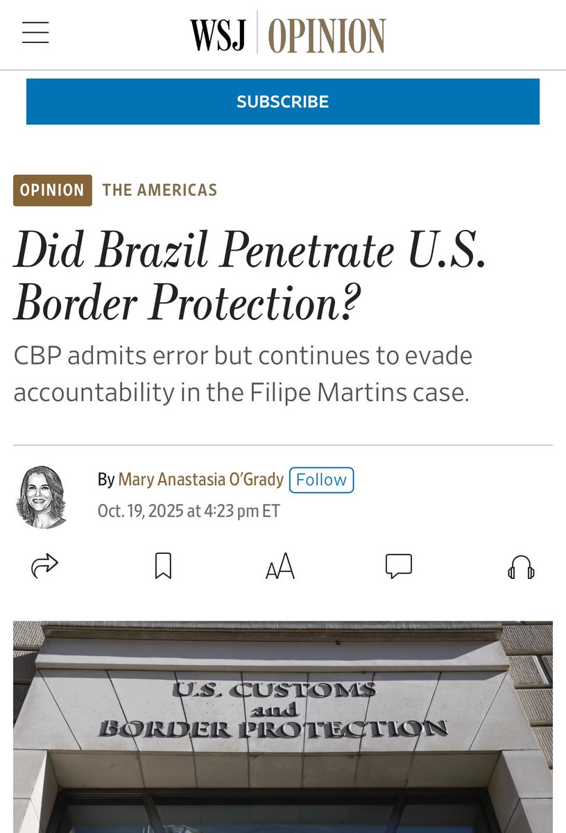 AnaPaulaVolei's tweet image. 🚨 🇺🇸 CASO FILIPE MARTINS:

- O Wall Street Journal acaba de publicar mais uma matéria importantíssima sobre a perseguição política contra Filipe Martins e a FALSA ENTRADA nos EUA:

- “𝐀𝐥𝐠𝐮𝐞́𝐦 𝐝𝐨 𝐂𝐁𝐏 𝐨𝐮 𝐝𝐨 𝐃𝐞𝐩𝐚𝐫𝐭𝐚𝐦𝐞𝐧𝐭𝐨 𝐝𝐞 𝐒𝐞𝐠𝐮𝐫𝐚𝐧𝐜̧𝐚…