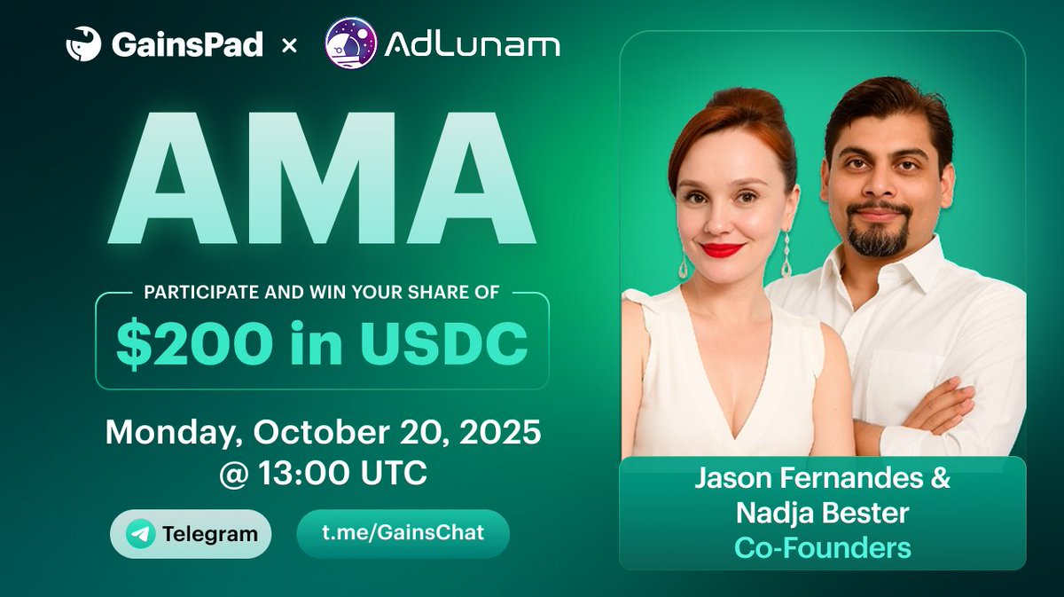 GAINS Associates (@gainsassociates) on Twitter photo 💬 AMA with AdLunam
⭐️ Featuring Co-Founders Jason Fernandes & Nadja Bester
🏆 $200 USDC in prizes!
Participants must follow <a href="/AdLunamInc/">AdLunam, Inc.</a> and join their Telegram news channel (t.me/adlunamchat) before the event for a chance to win
🗓 Monday, October 20
📍 💬 AMA with AdLunam
⭐️ Featuring Co-Founders Jason Fernandes & Nadja Bester
🏆 $200 USDC in prizes!
Participants must follow <a href="/AdLunamInc/">AdLunam, Inc.</a> and join their Telegram news channel (t.me/adlunamchat) before the event for a chance to win
🗓 Monday, October 20
📍