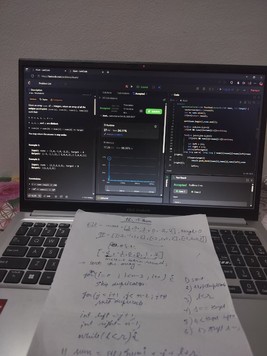 AnchalGupta009's tweet image. Day 28: Extending logic, expanding thought 
Sorted + two pointers + duplication handling = clean approach ✨
Understanding patterns &amp;gt; memorizing syntax
#CPP #CodingLife #ProblemSolving