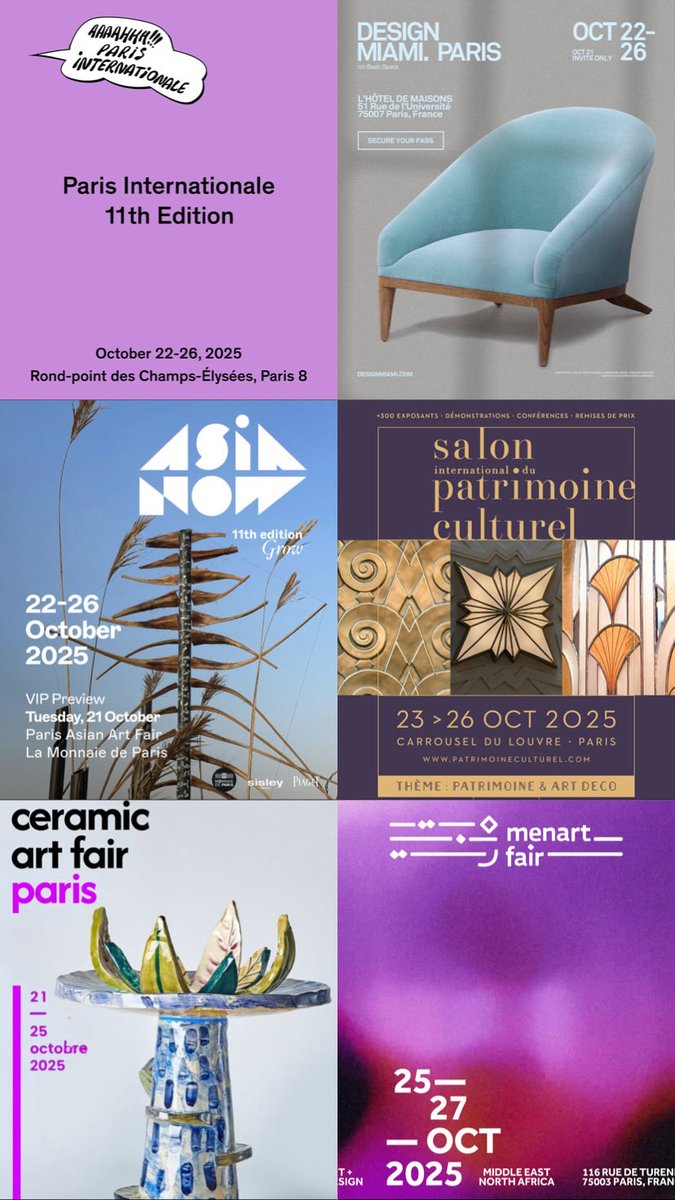 Guiguiii94's tweet photo. Enfin, 12 foires et salons !
Outre @ArtBasel au Grand Palais, nous retrouverons #DesignMiami #ThemaArtFair #ModerneArtFair @AsiaNow_Paris #OutsiderParis #OffscreenParis @AKAA_Fair #ParisInternationale #CeramicArtFair #MenartFair ainsi que le #SalonPatrimoine au Carrousel. https://t.co/oAeK9bsqC0