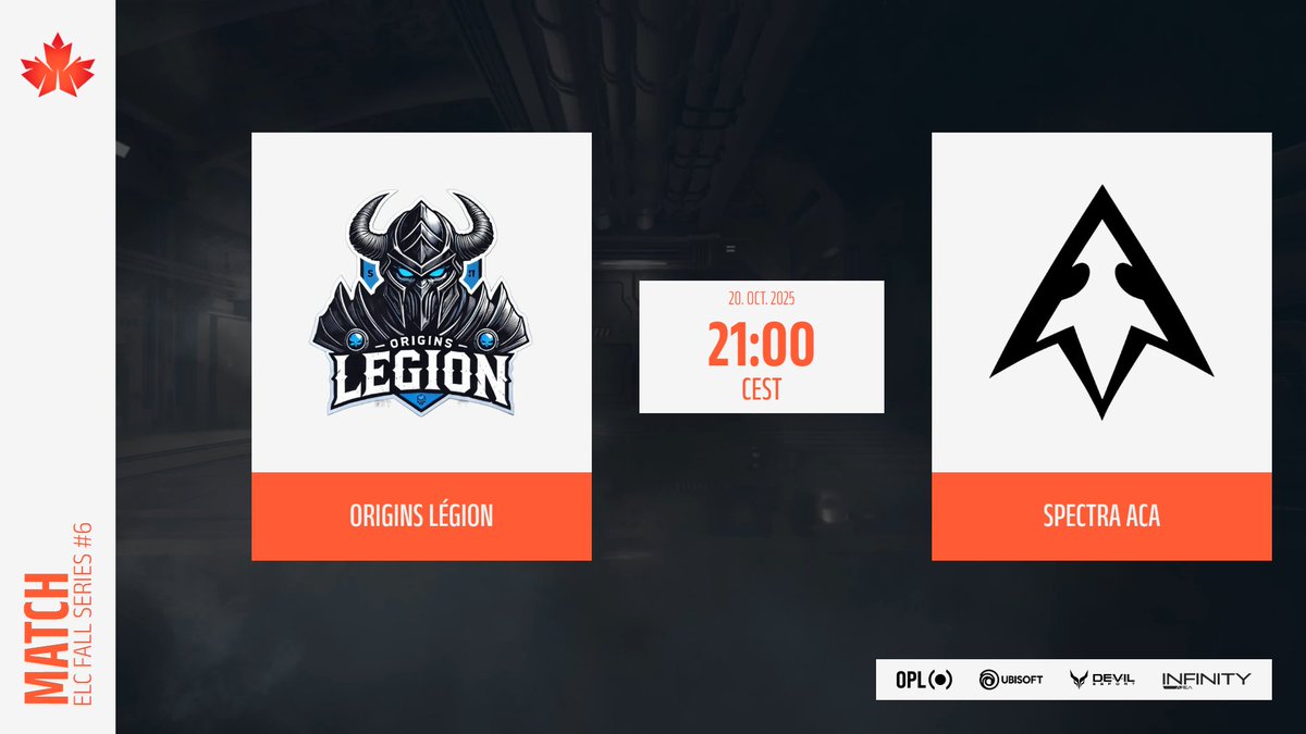 ⚔️ MATCHDAY ⚔️

Un petit match de minor 1 pour ce debut de semaine d'<a href="/ELC_EsportsR6/">ELC Esports R6</a> !

<a href="/Originslegion/">Origins Légion</a> 🆚  <a href="/SpectraEU/">SPECTRA</a> 
⏱️20/10/25 à 21h00 (Lancement Stream 20h30)
🎥twitch.tv/babagamer18

Vous êtes prêt a soutenir votre équipe ? ils auront besoin de vous! Soyez au RDV!