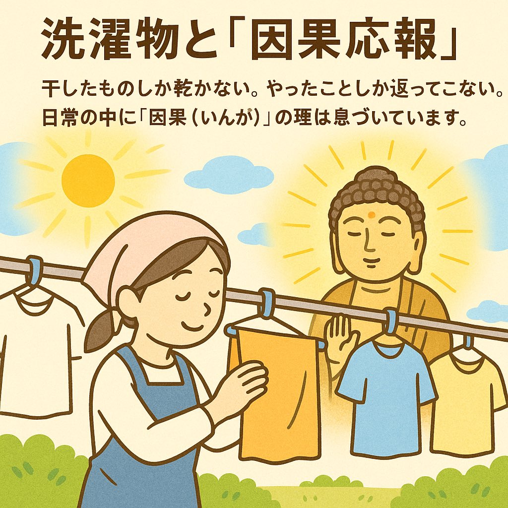 🌈洗濯物と「因果応報」🌈

私たちは毎日、洗濯をして干すという当たり前の行いをしています。

けれど、よく考えるとこの行いの中にも「因果応報（いんがおうほう）」の理が静かに息づいています。

洗濯物を干したからこそ乾き、干さなければいつまでも濡れたまま。