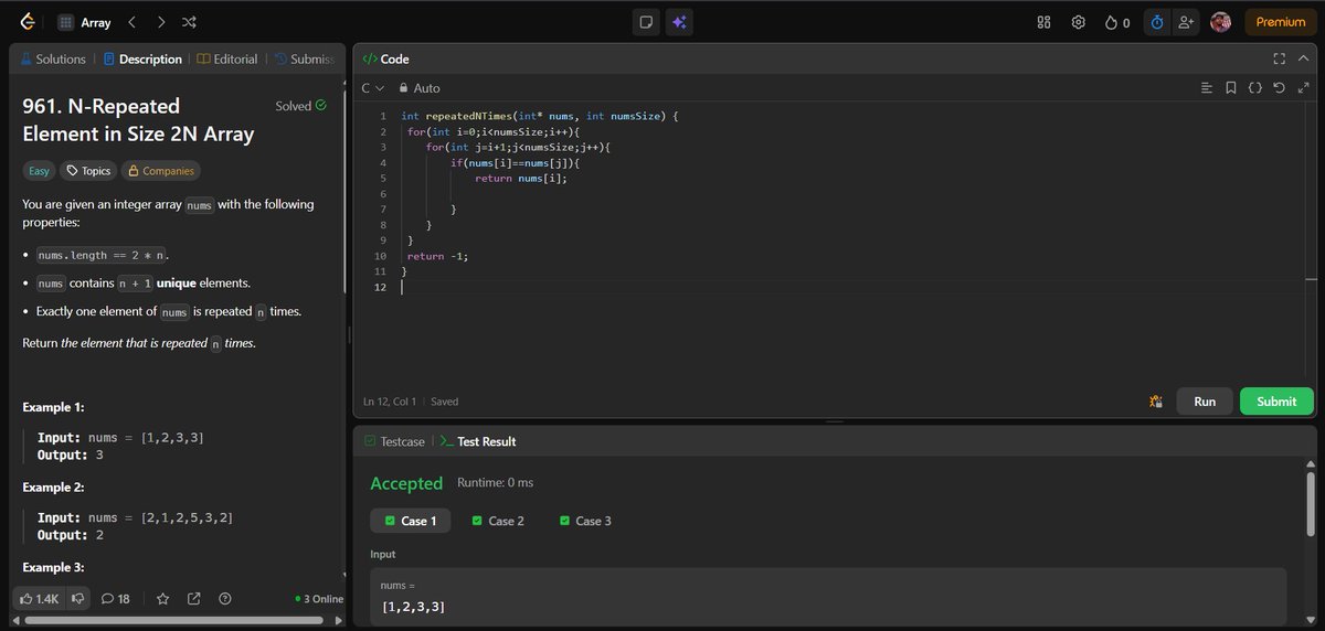 shivam21102005's tweet image. 🤠Day 71/100 💻#100DaysOfCode
71 days of consistency, logic, and learning.
Today’s challenge: Find the element repeated N times in an array using C ⚙️
Every problem strengthens my logic & patience 🔥
#CProgramming #CodingJourney