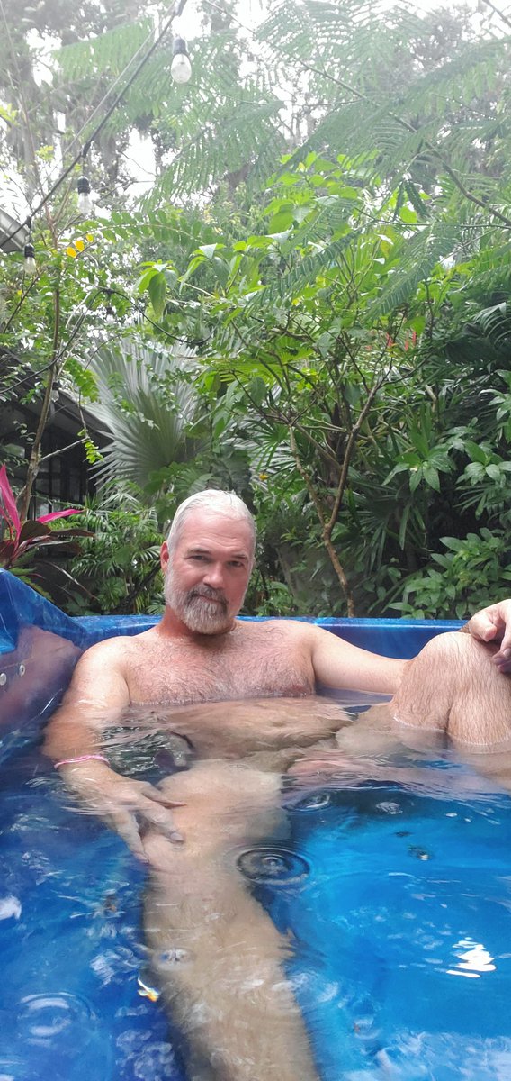 Hut tub soak during an afternoon shower.