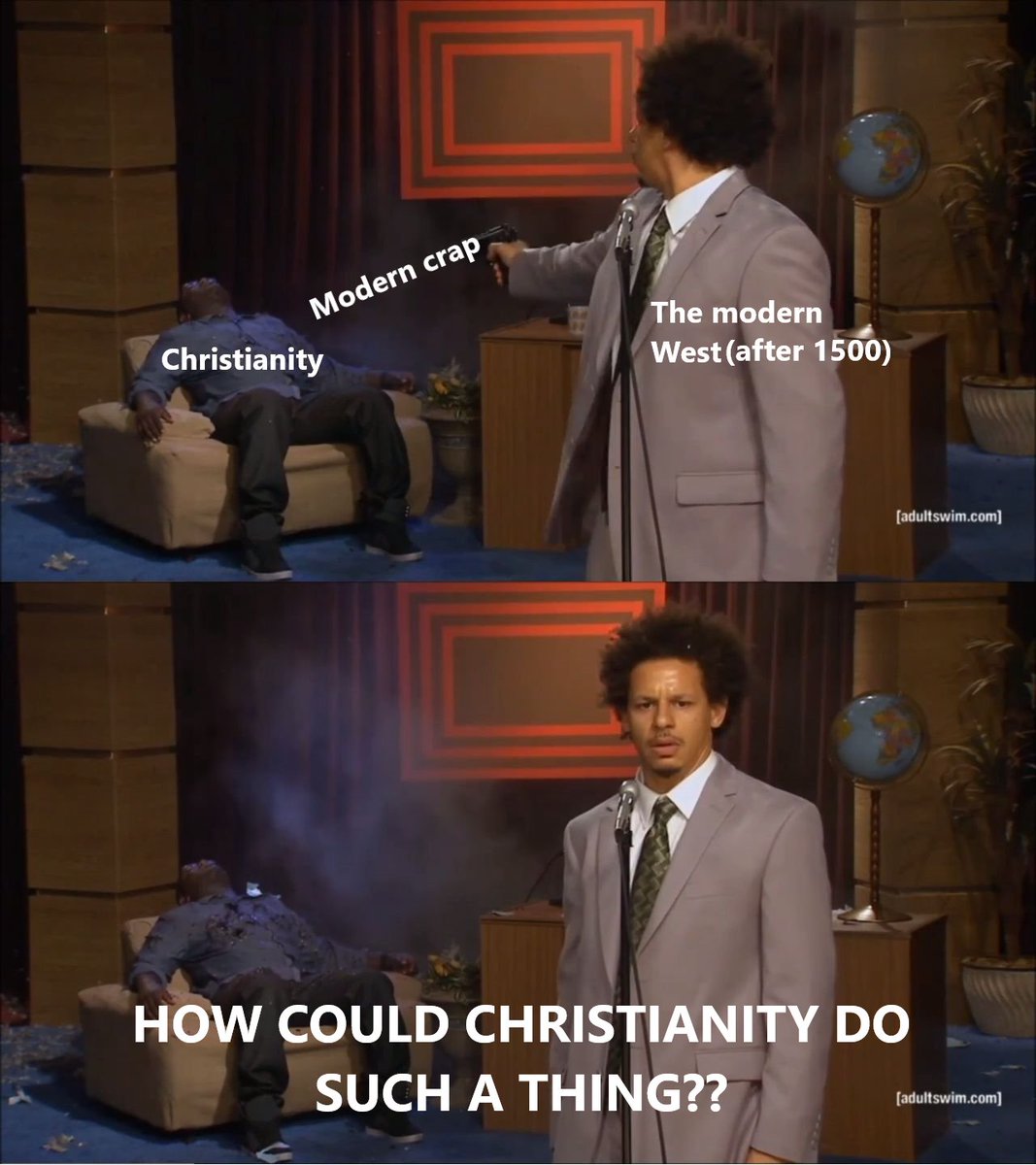 <a href="/LibertyCappy/">Declaration of Memes</a> > The West abandons Christianity in the 1500s.
> Modern philosophies emerge and take hold in the West, Humanism, Enlightenment, Nihilism...
> They corrode everything rooted in the Christian past.
> Retards in 2025: "wHy dID CHRisTIANiTy fAIl tO prOTeCT aND prESErVE tHE WeST??!"