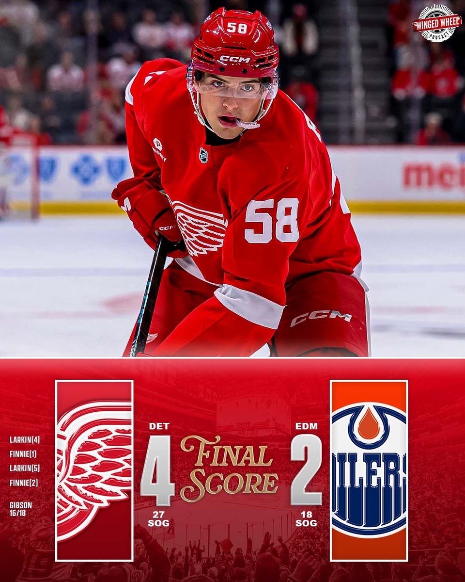 🚨 RED WINGS WIN 🐙

🏒 5 STRAIGHT Ws
🏒 EMMITT FINNIE 1ST &amp; 2ND CAREER GOALS
🏒 LARKIN 2G+2A, 6 GAME POINT STREAK TO START THE YEAR
🏒 BIG W FOR GIBSON 🧱
🏒 KEPT McDAVID OFF THE SHEET
🏒 DETROIT IS #1 IN THE ATLANTIC
🏒 NEW EPISODE OF THE WINGED WHEEL PODCAST: TONIGHT! #LGRW