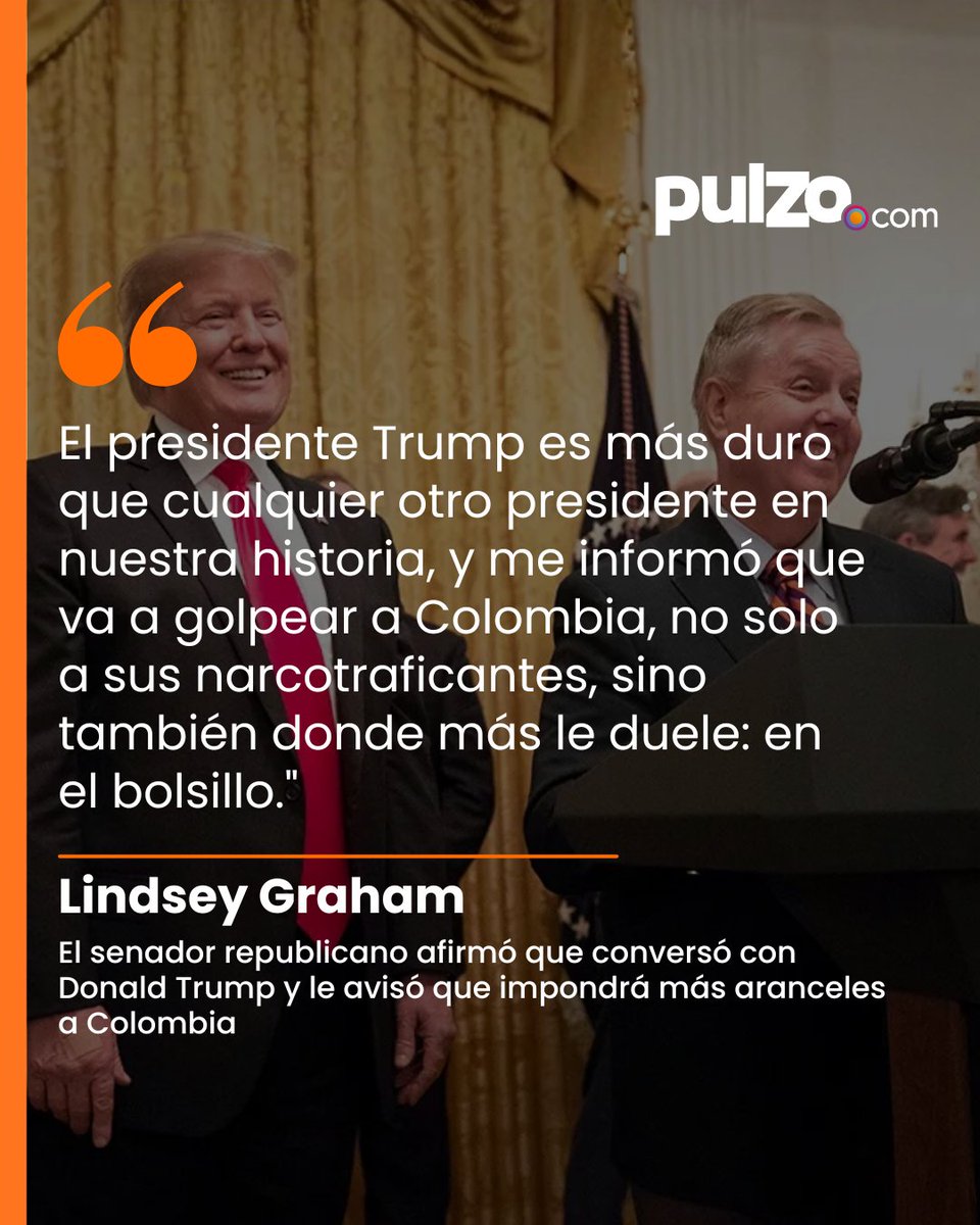 Pulzo (@pulzo) on Twitter photo El senador republicano Lindsey Graham anunció que, según le informó el presidente de Estados Unidos, Donald Trump, Washington impondrá nuevos aranceles a Colombia en los próximos dÃas. El senador republicano Lindsey Graham anunció que, según le informó el presidente de Estados Unidos, Donald Trump, Washington impondrá nuevos aranceles a Colombia en los próximos dÃas.