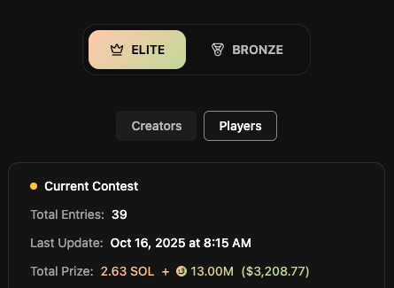 fiatphobia's tweet photo. extremely low competition right now

only 39 teams in elite and 19 in bronze

~$5k prize pool up for grabs with just 0.4 SOL to play https://t.co/rGsq4fprlA