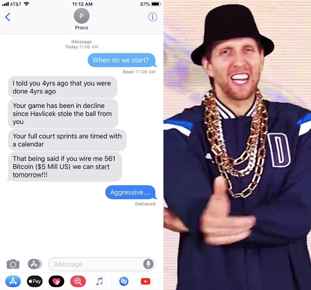 NBA Memes (@nbamemes) on Twitter photo Dirk Nowitzki's trainer clowned him and pitched him Bitcoin in the same breath.
A true pioneer 😂💸 Dirk Nowitzki's trainer clowned him and pitched him Bitcoin in the same breath.
A true pioneer 😂💸