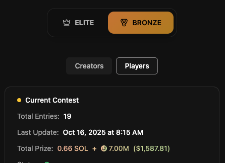 fiatphobia's tweet photo. extremely low competition right now

only 39 teams in elite and 19 in bronze

~$5k prize pool up for grabs with just 0.4 SOL to play https://t.co/rGsq4fprlA