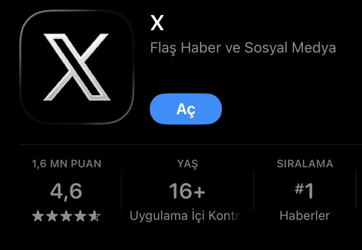 X, Türkiye'de Haberler kategorisinde #1 sırada! 🚀 Flaş haberler ve sosyal medya deneyimiyle milyonları büyülemeye devam ediyor. 4.6 puan ve 1.6 milyon değerlendirme… Tebrikler <a href="/X/">X</a>! 🇹🇷💥 #XNumberOne #Türkiye