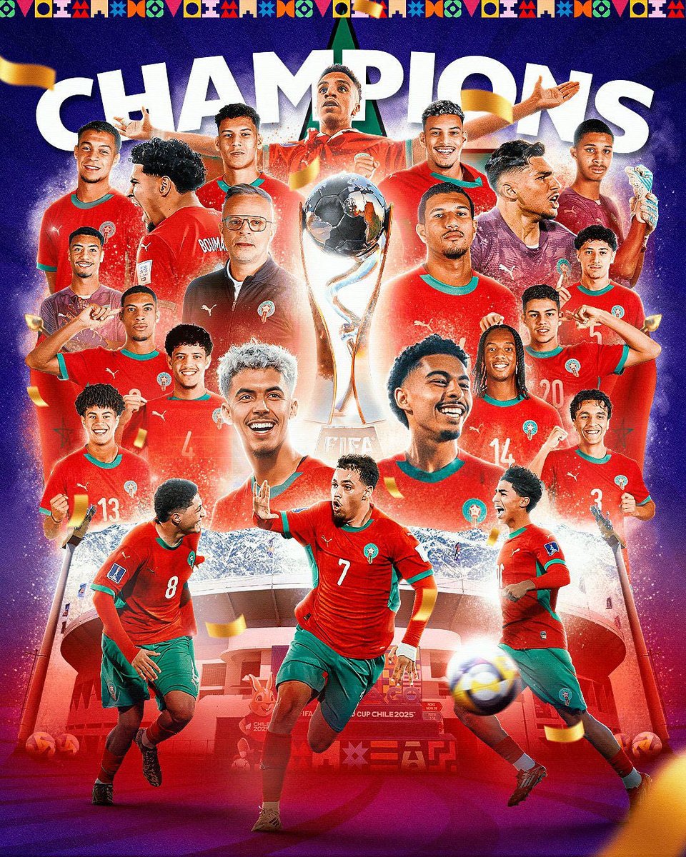 La selección  Marroquí se consagró campeón del Mundial sub 20 de Chile 2025 al vencer 2-0 a Argentina en la final disputada en el Estadio Nacional de Santiago.

 ⚽️🥅🏆🇲🇦