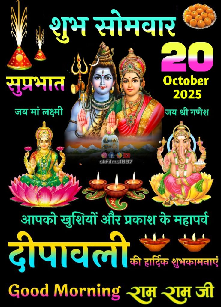 आप सभी को शुभ सोमवार शुभ दीपावली की बहुत-बहुत शुभकामनाएं महादेव मां भवानी का शुभ आशीर्वाद एवं लक्ष्मी मां सिद्धिविनायक श्री गणेश जी की कृपा सदैव आप सभी पर बनी रहे दीपावली का महापर्व आपका घर परिवार और भविष्य जलते हुए दीपकों की तरह रोशन करें शुभ दीपावली आप सभी के लिए मंगलमय हो