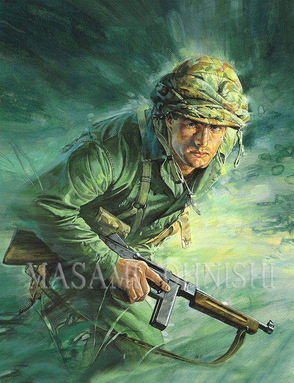 1995年7月号の　＃コンバットコミック　の表紙に、太平洋戦争時の　＃アメリカ海兵隊員　を1995年4月に描いています。