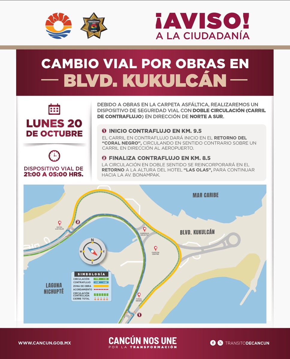 🚧 ¡Aviso a la ciudadanía!

A partir del lunes 20 de octubre a las 21:00 hrs, se implementará un dispositivo vial con doble circulación sobre el Blvd. Kukulcán, debido a los trabajos de mantenimiento en la carpeta asfáltica.
(1/2)