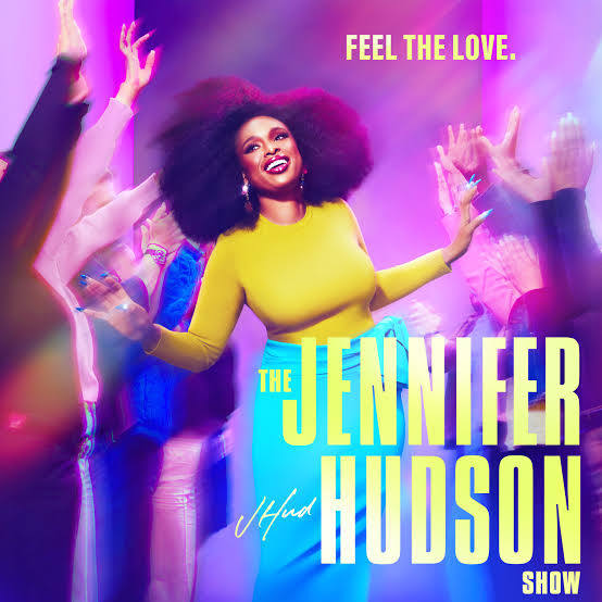 First image shows David Henrie in a navy suit smiling next to Janice LeAnn Brown in a light purple dress and Selena Gomez in a red off-shoulder dress with cutouts, standing together against a brick wall with purple lighting and decorative elements like a sunburst fixture and butterfly frame. Second image depicts Jennifer Hudson with curly hair wearing a yellow top and blue pants, arms raised in a dynamic pose on a purple-lit stage with hands raised in the background, overlaid with text The Jennifer Hudson Show and Feel the Love.