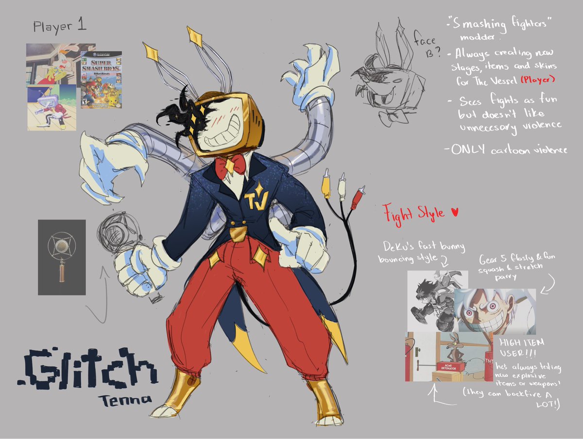 He mods and fights in “Smashing fighters”, loves weapon and item making and only cares about making the best fighting stage experience for the player, he loves YOU

his theme song is probably ssbb final destination with the freedom motif lol

#tenna #deltarune #deltaruneAU