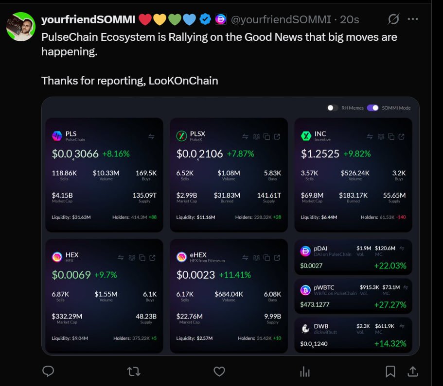 ❤️💛💚💙

LookOnChain has made a post on Richard Heart &amp; PulseChain!