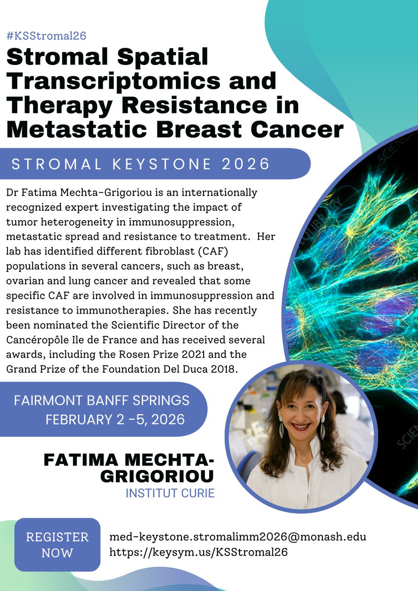 Discover how stromal cells contribute to therapy resistance in cancer with <a href="/FatimaMechta/">Fatima Mechta-Grigoriou</a>, an internationally recognised leader in tumour heterogeneity.

At #KSStromal26, she will share her insights on CAF-driven immunosuppression in breast cancer. 

keysym.us/KSStromal26