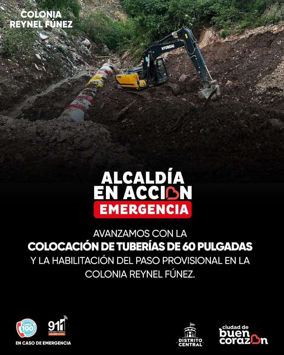 ¡Alcaldía en acción durante emergencia!

Con la instalación de tuberías de 60 pulgadas y la habilitación de una ruta provisional de dos kilómetros, avanzamos en generar soluciones para la comunidad de la Reynel Fúnez.🚜🦺👷‍♂️

#amdc #alcaldiaenaccion #emergencia #lluvias