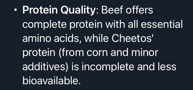 TKRanch's tweet photo. US lean ground beef 7.95/lb, 104.33 gms of protein, $/gm of protein 7.62cents 
Cheetos 9.30/lb 31.75 gms, $/gm, 29.29cents per gm. 
Beef protein is complete with all essential amino acids, protein in cheetos is incomplete and less bioavailable. Cheetos 384% >expensive/gm protien https://t.co/ufxeCAnjrk