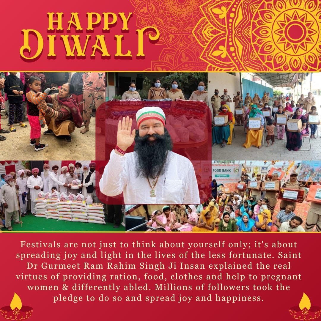 दिवाली का त्योहार ऊर्जा,खुशियों के साथ आता हैं।लोग पटाखे,मिठाईयों लेकर आते हैं जिनकी आथिर्क स्थिति सही नहीं होती है यह त्योहार उन्हें अधूरी खुशी देता हैं|Saint Gurmeet Ram Rahim Singh की प्रेरणा से DSS के सेवादार उन लोगों को पटाखे,मिठाईयों दे Happy Diwali कहते हैं और मनाते हैं।