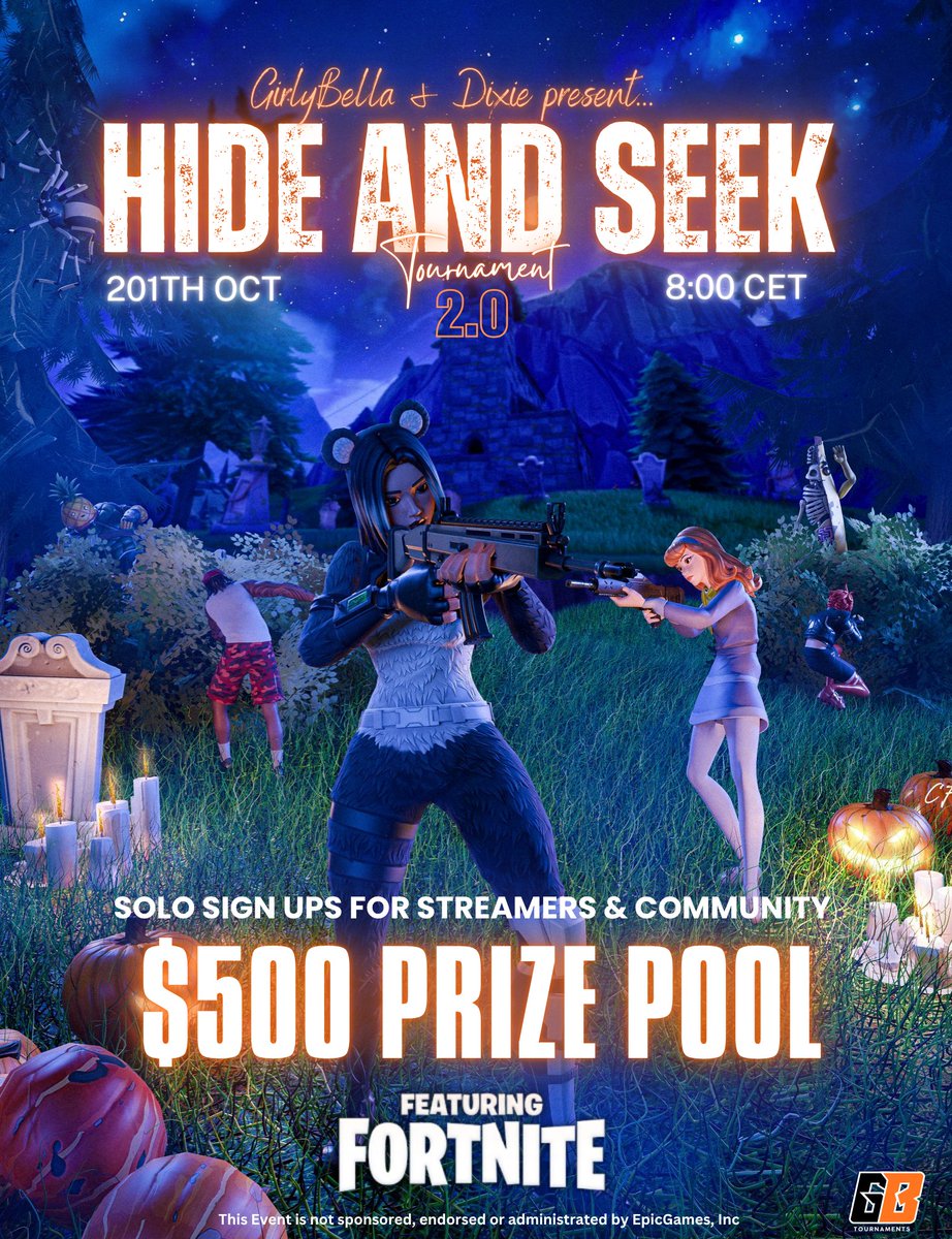 Girlybella's tweet photo. 🏆$500 GB HIDE &amp; SEEK 2.0🏆 

📅20th Oct | 9:00 CET. 
🎮96 Solo Players.
🎃Looking for Streamers &amp; Community.

 - How to play : 
👍 Like &amp; Retweet.
📌Follow @girlybella &amp; @Dixiefn__ 
💬Reply with interest. https://t.co/uhKpvQSoGA