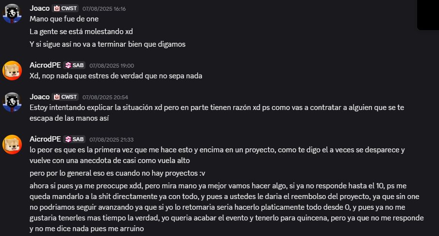 SopaSeca69's tweet photo. El 07/08 Aicrod dice que va a esperar a One hasta el 10 y que si no llega a aparecer se comprometía a dar el reembolso del evento. Al día siguiente, él menciona que priorizó otros eventos por encima del nuestro a pesar de él ya conocer el tiempo de atraso que había con la entrega https://t.co/ZRpxwCBxLy