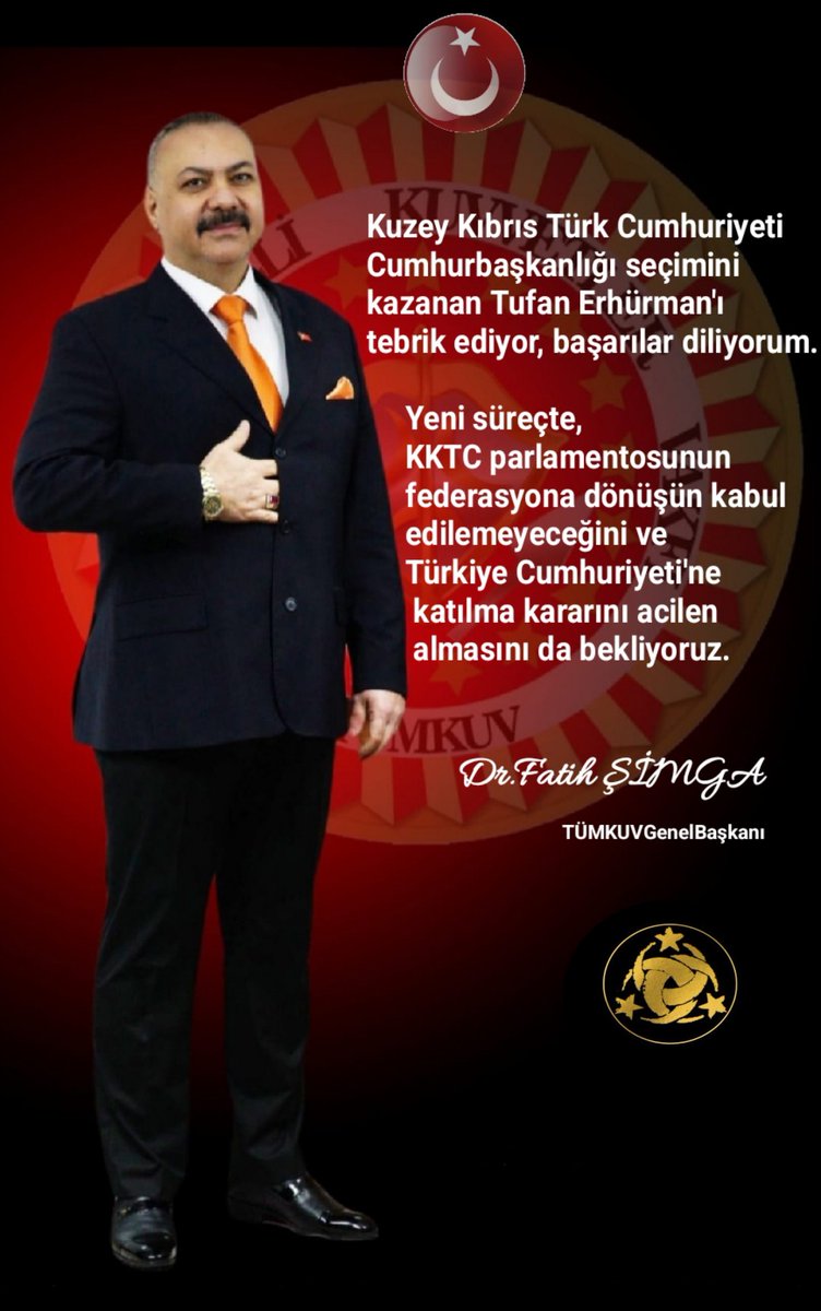 Kuzey Kıbrıs Türk Cumhuriyeti Cumhurbaşkanlığı seçimini kazanan Tufan Erhürman'ı tebrik ediyor, başarılar diliyorum.

Yeni süreçte, #KKTC parlamentosunun federasyona dönüşün kabul edilemeyeceğini ve Türkiye Cumhuriyeti'ne katılma kararını acilen almasını da bekliyoruz.
 🇹🇷313🇹🇷🏴