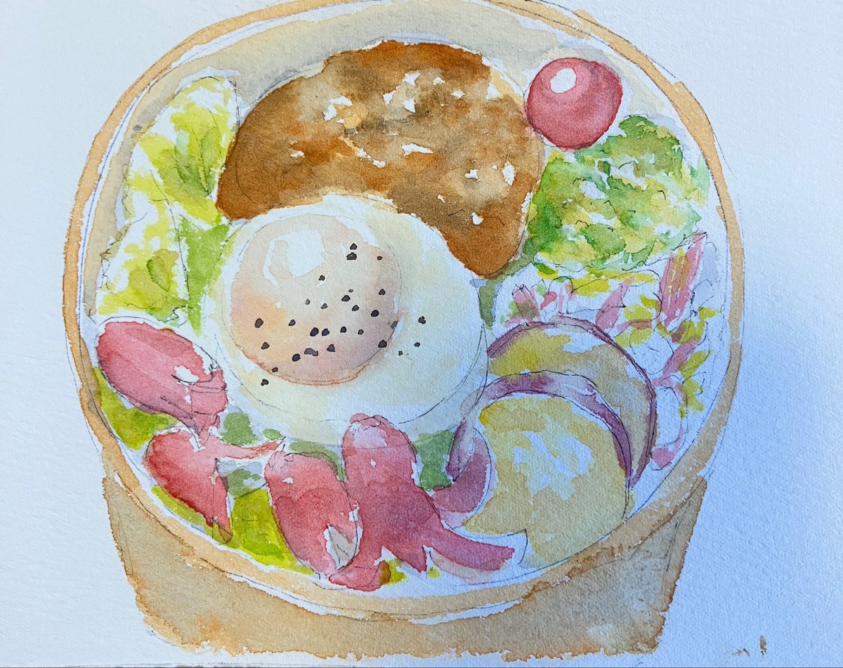 _luna_rie_'s tweet photo. 子ども食���
ロコモコ弁当🍱

肉厚のバンバーグに目玉焼きにタコさんウインナーで賑やか✨

ごちそうさまです🥰

#watercolor #illustration #イラスト　#水彩　#水彩スケッチ　#食べ物イラスト　#ロコモコ　#子ども食堂　#弁当イラスト https://t.co/TQ4VqKWJWQ