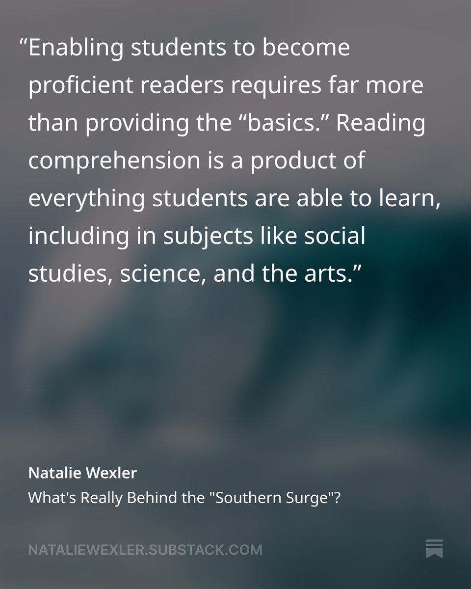KnowledgeMatrs's tweet image. Enabling students to become proficient readers takes more than “the basics.” 🧠
Comprehension grows from all they learn in science, social studies, and the arts.
Read more via @nat_wexler ⬇️
nataliewexler.substack.com/p/whats-really…
#KnowledgeMatters #HistoryMatters