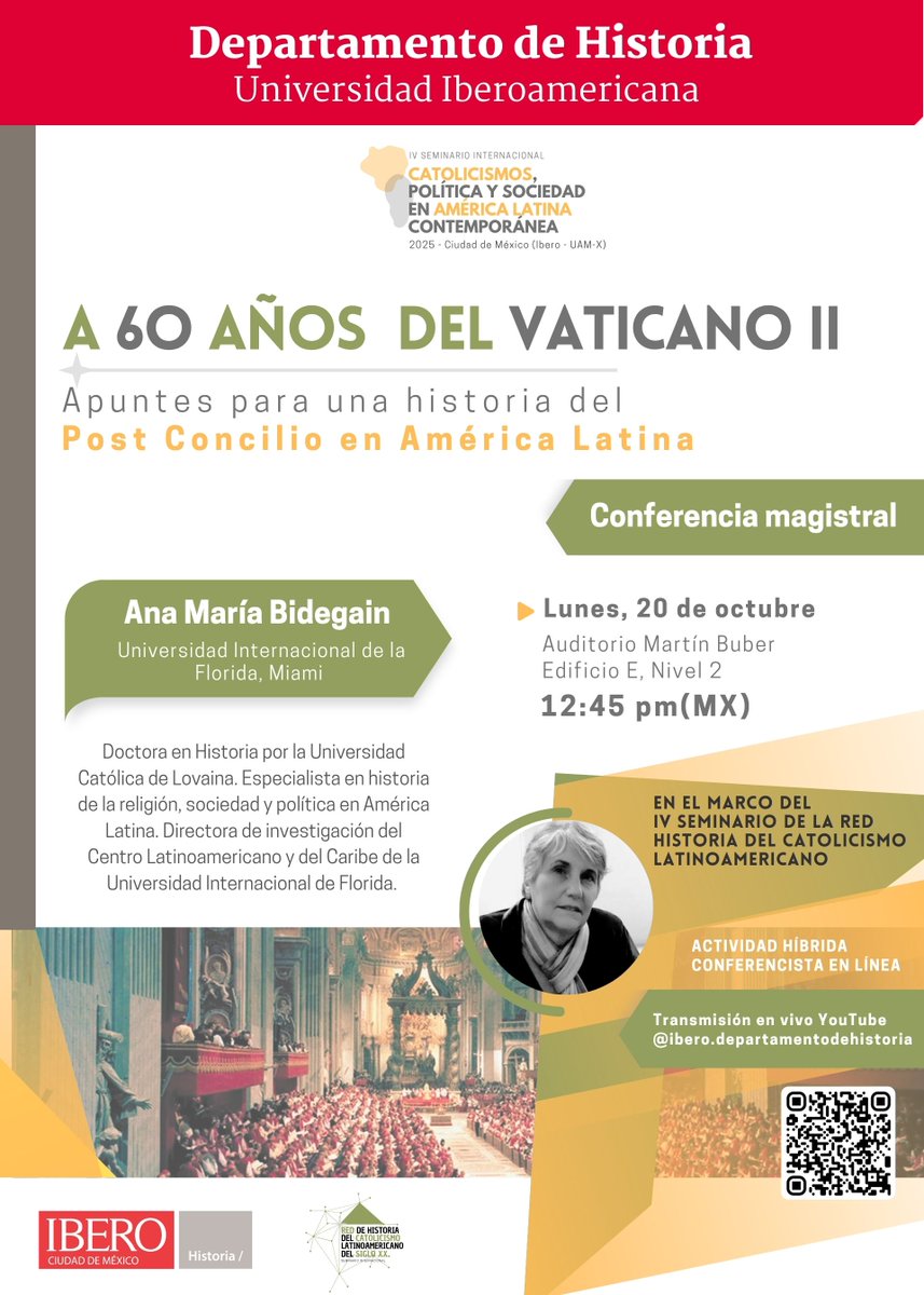 A 60 años del Concilio Vaticano II, una reflexión histórica sobre su impacto en América Latina. En el marco del IV Seminario Internacional de la Red de Historia del Catolicismo Latinoamericano, invitamos a la conferencia de Ana María Bidegain.  Oct. 20.
🖥️ youtube.com/live/gonqDGRlQ…