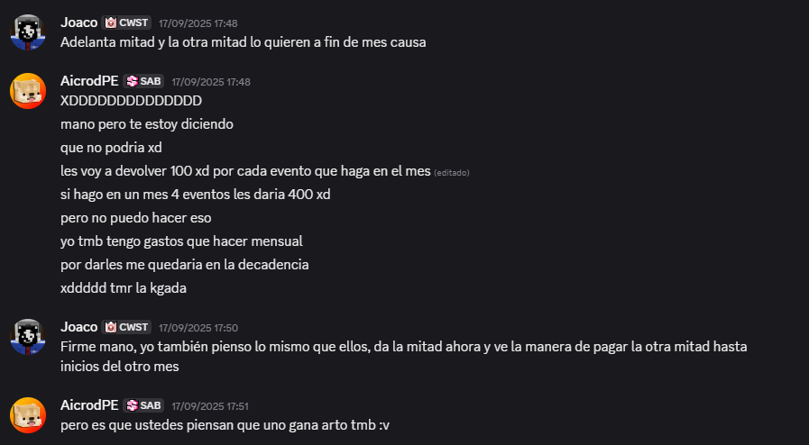 SopaSeca69's tweet photo. Ese mismo día, se acordó darle un plazo de 1 mes para completar el reembolso. A día de hoy, no hemos recibido ni la mitad del monto total del evento, por lo que nos pone en una situación de inconformidad. https://t.co/geW6m4IS0B