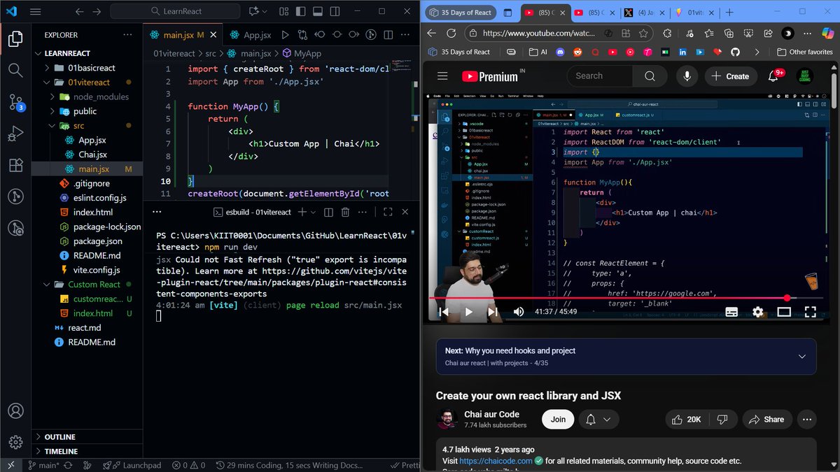 JagrataDeb's tweet image. Day 4 of #35DaysReactChallenge by @Hiteshdotcom & @ChaiCodeHQ
✅ Learnt how React works and built a custom React.
#React #JavaScript #MasterJi #India #Frontend #Consistency #LearnDaily #GitHub