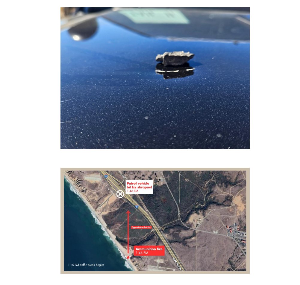 California Highway Patrol says explosive ordnance fired by the Marines over the Interstate 5 freeway Saturday detonated overhead prematurely, striking and damaging a CHP patrol vehicle. After CHP told the Marines, they canceled firing additional live ordnance over the freeway.